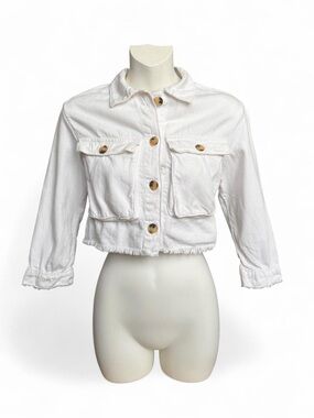 Zara White Cropped Denim Jacket with Button Pockets